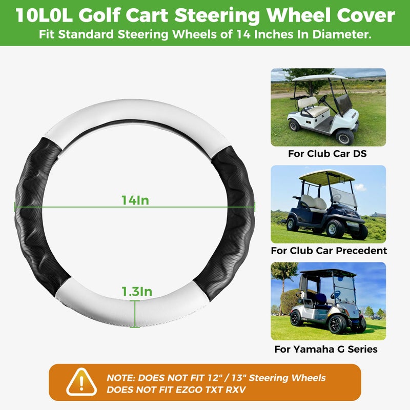 10L0L Golf Cart 14" Steering Leather Wheel Cover for Club Car DS Precedent for Yamaha Models, Breathable Rubber Leather Materials,Good Texture Nice Look (Black White Color) - Image 3
